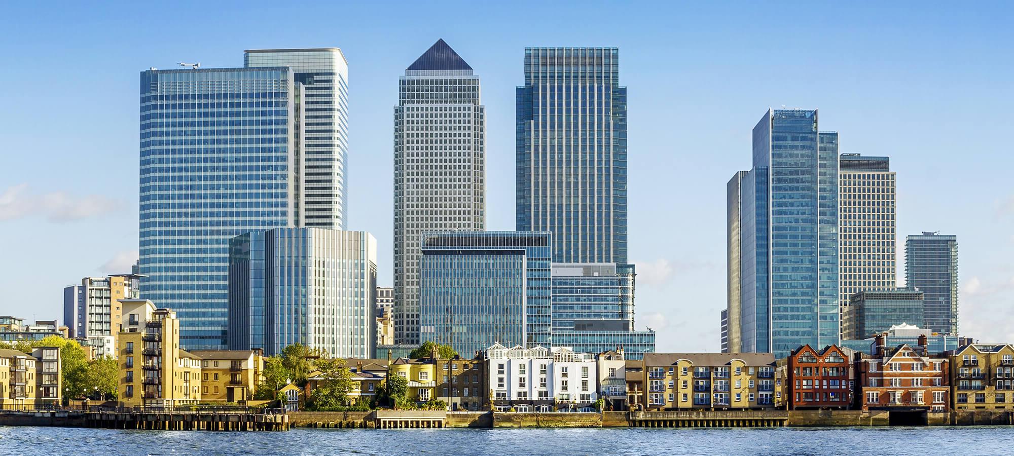 Cityscape view of Canary Wharf, London, from across the River Thames